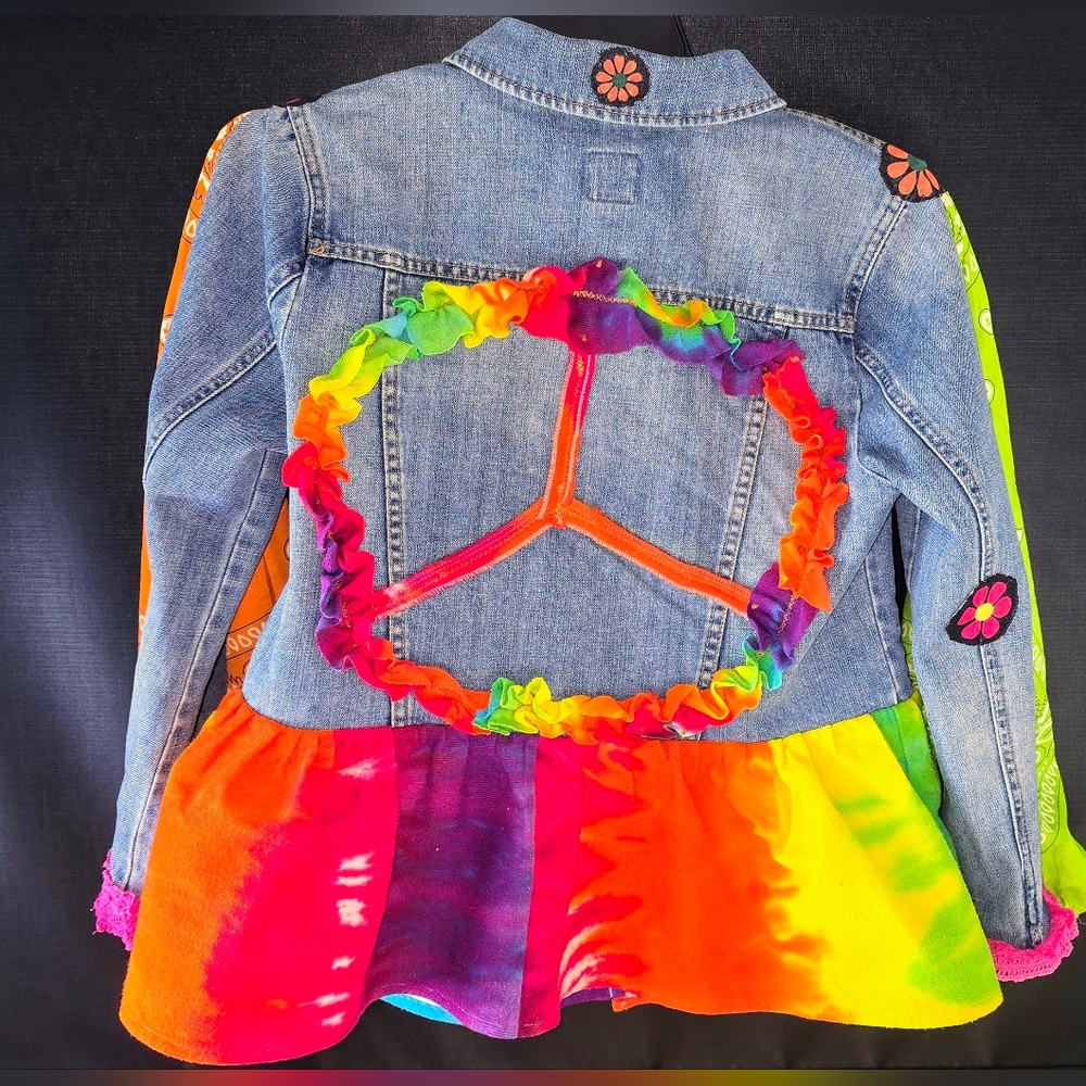 Upcycled JCP Med tye dye jean jacket w/colorful flower applique lace & ruffles